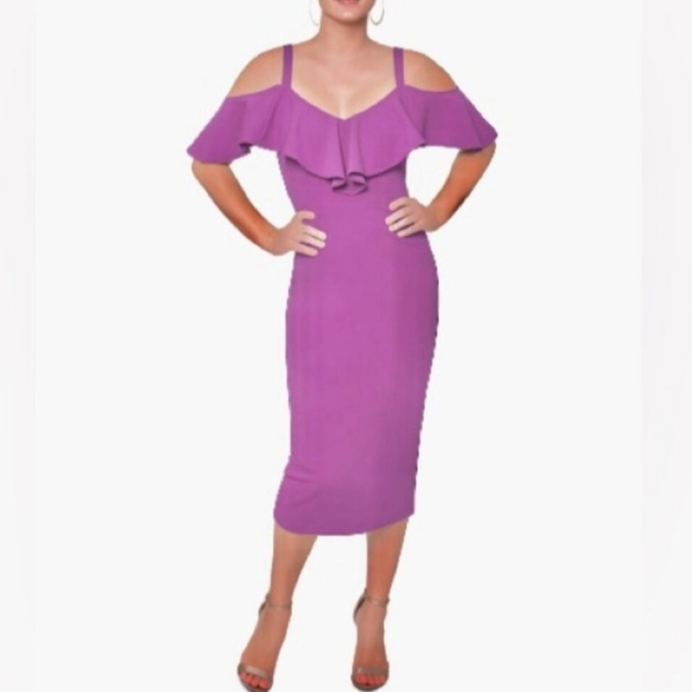 Off The Shoulder V-Neck Ruffle Dress in Bright Lilac by Rachel Roy Sz XL NWT